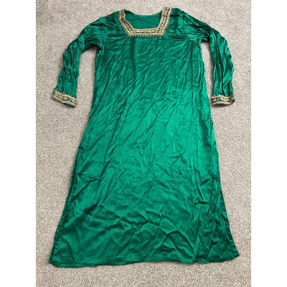 South Asian‎ Kameez Tunic Dress Womens Medium Green Excellent Gold Embroidered